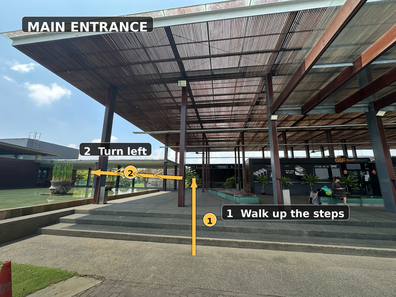 Golfers Lounge main entrance showing the stairs and left turn toward the clearance.