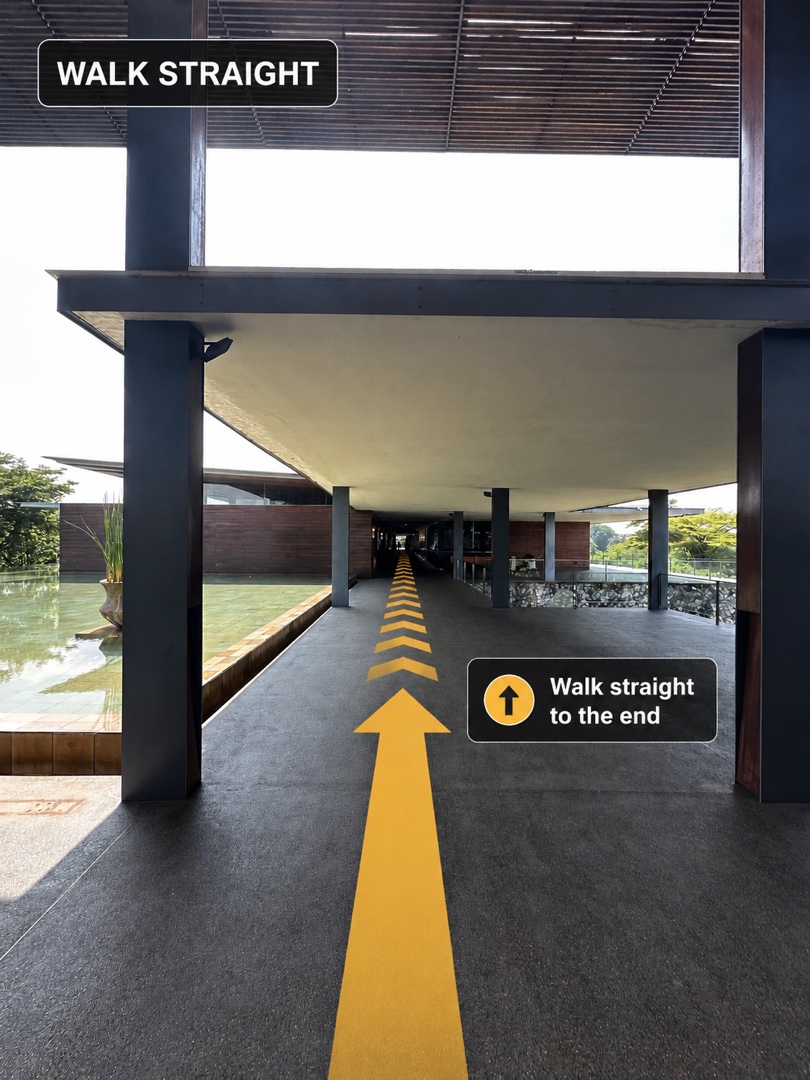 Covered Golfers Lounge walkway marked to walk straight to the end.