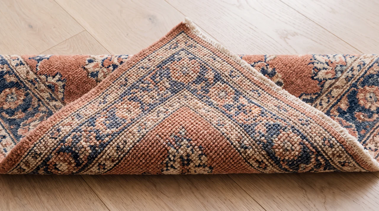 Illustrative folded hand knotted rug showing its pile and backing