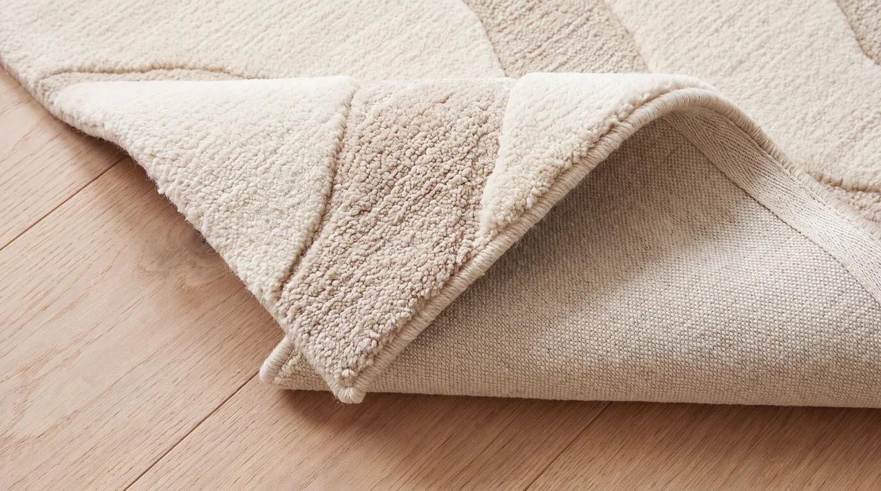 Illustrative folded hand tufted rug showing its pile and backing