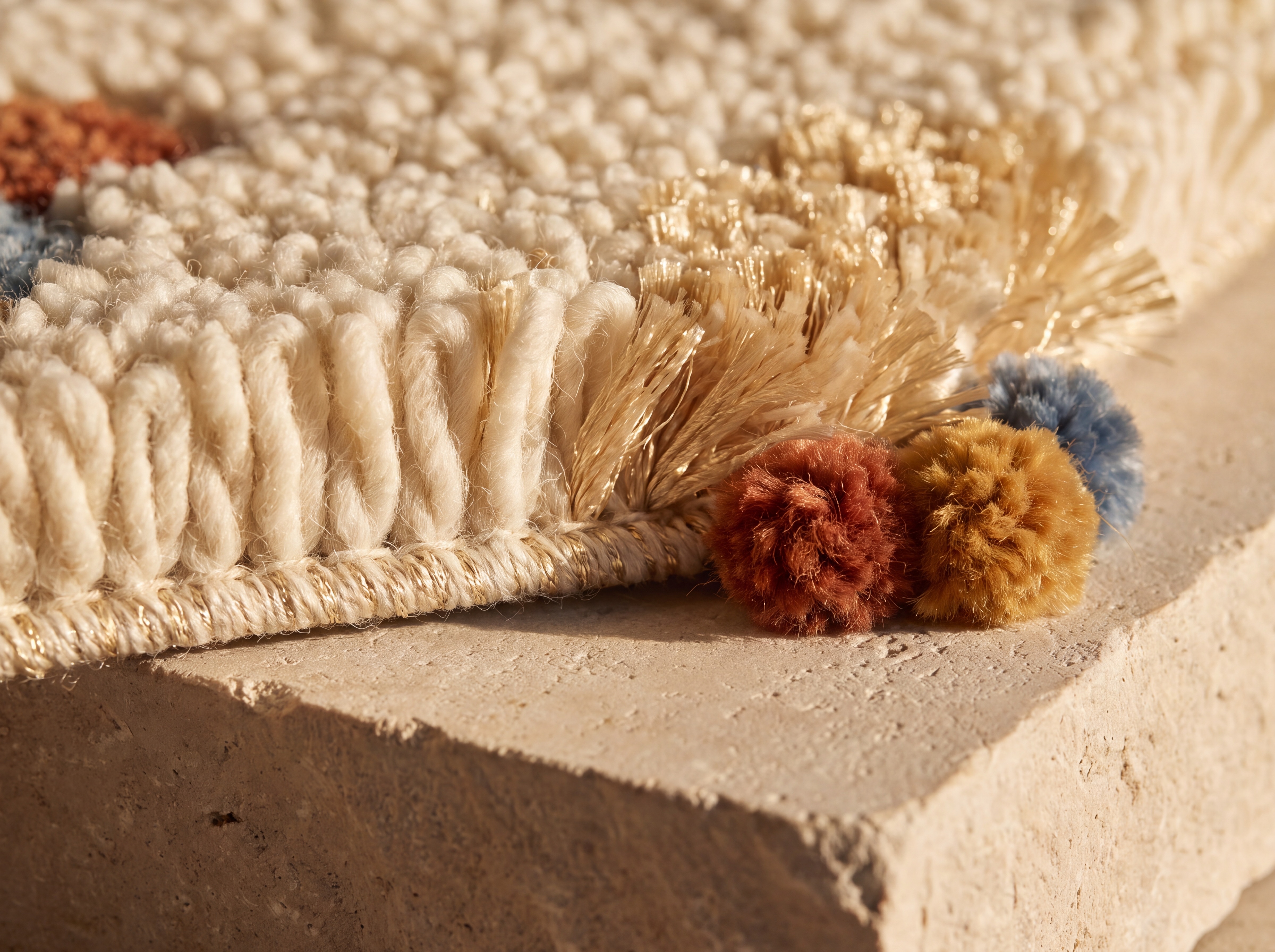 Pure New Zealand wool and bamboo silk yarns arranged beside a custom carved rug