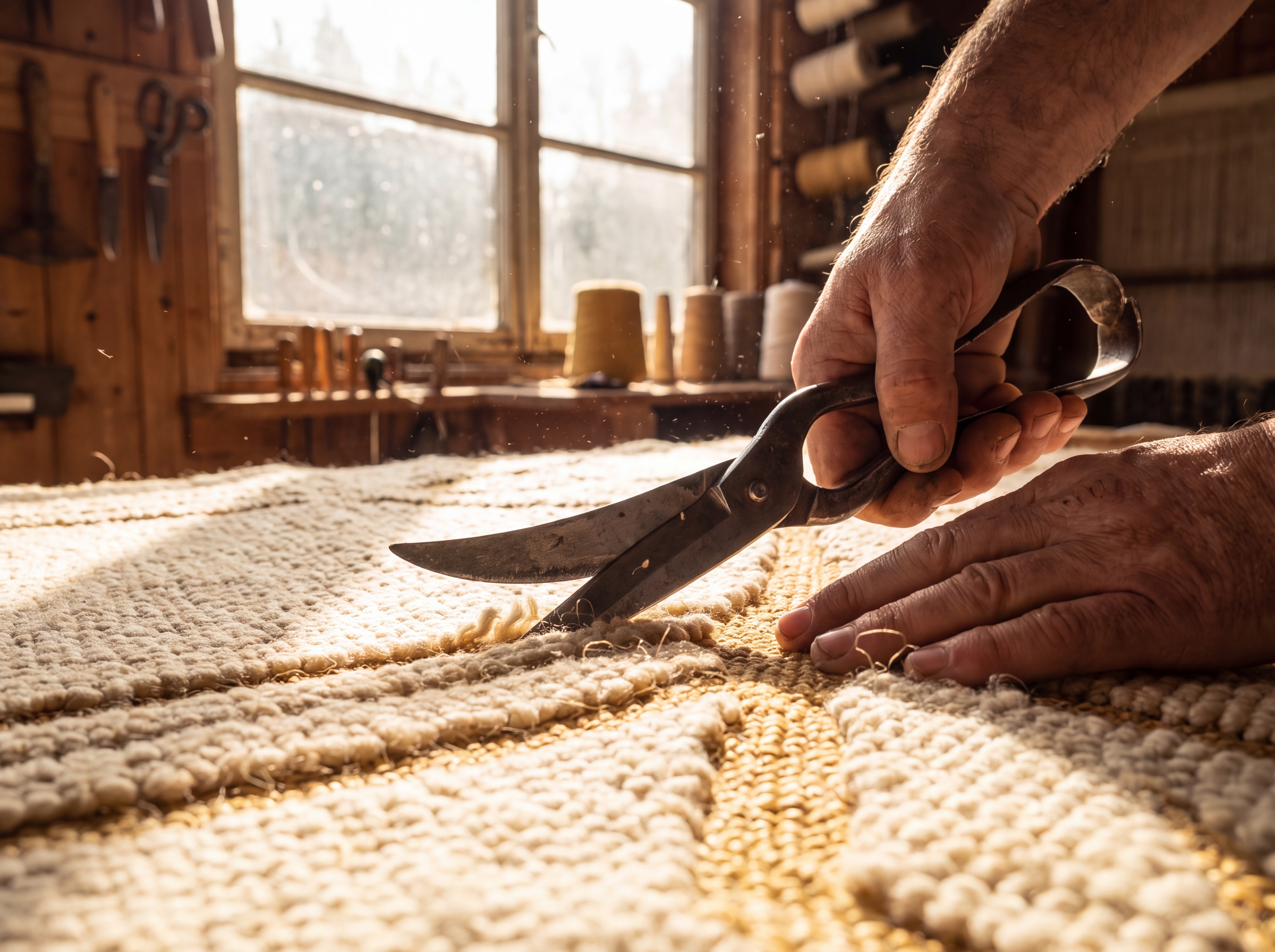 Master artisan hand-carving dense New Zealand wool and bamboo silk pile