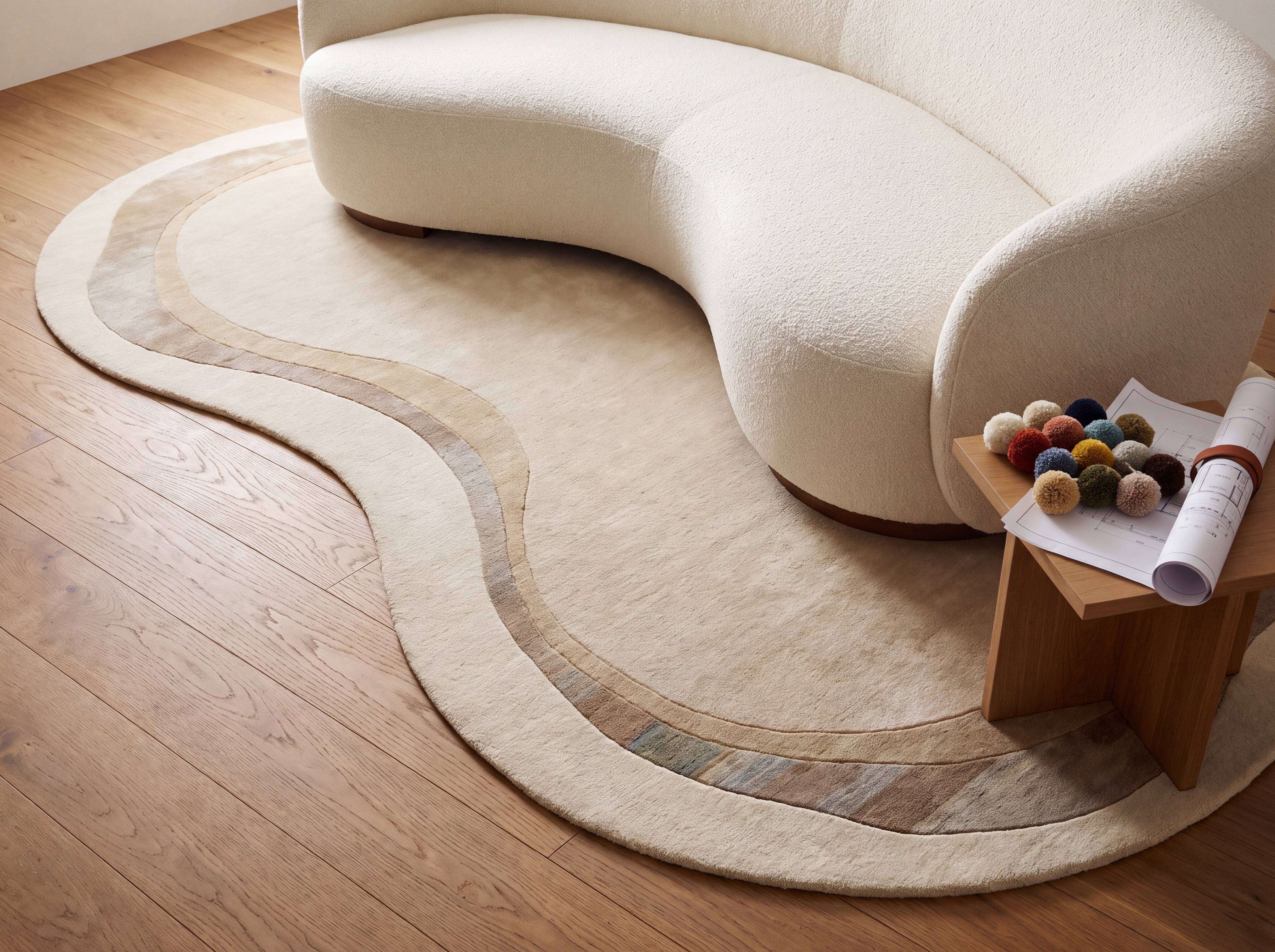 Organic curved bespoke wool and bamboo silk rug tailored around a curved sofa