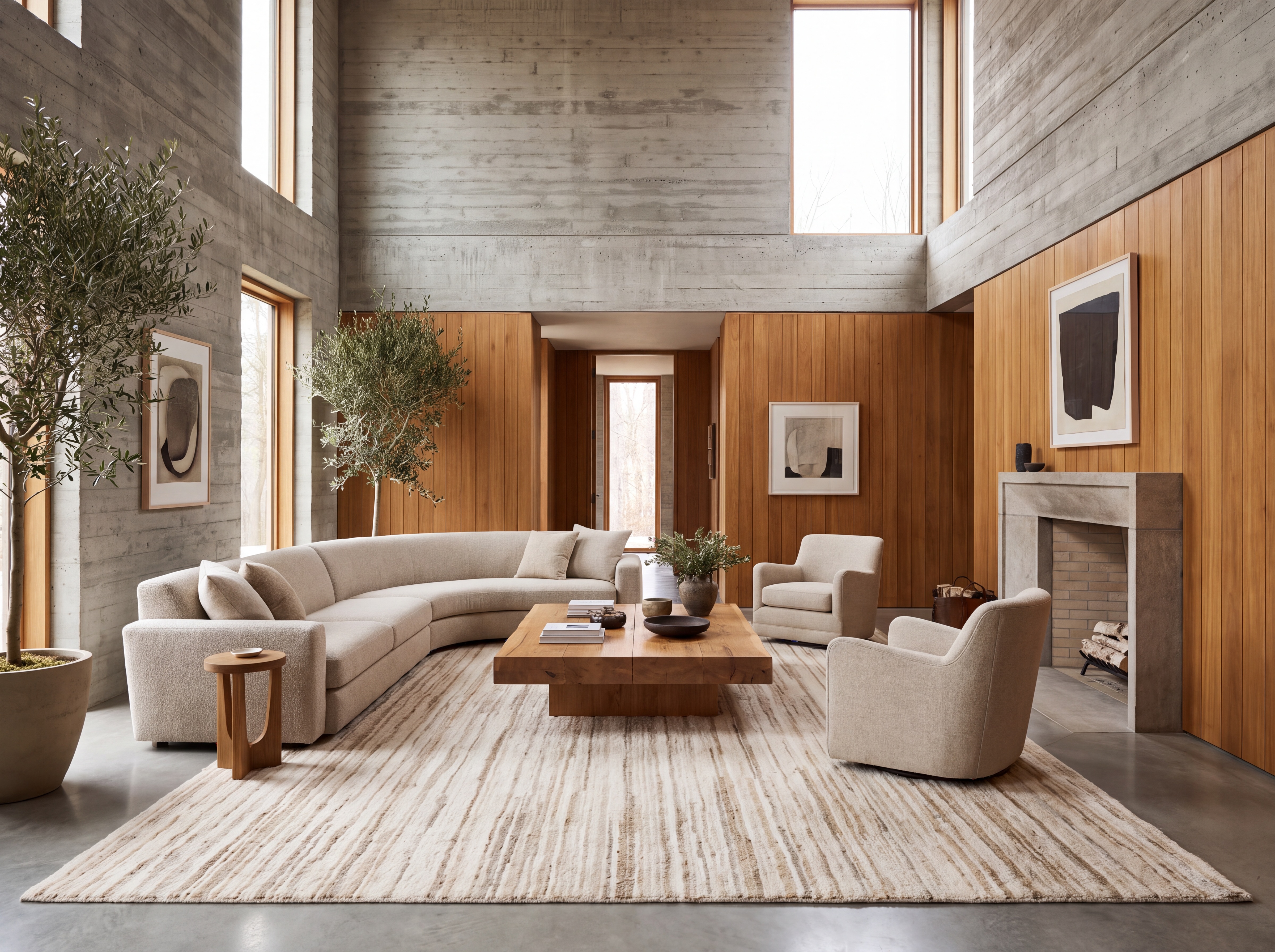 Sunlight across a modern hand-knotted wool and silk rug in an architectural living space