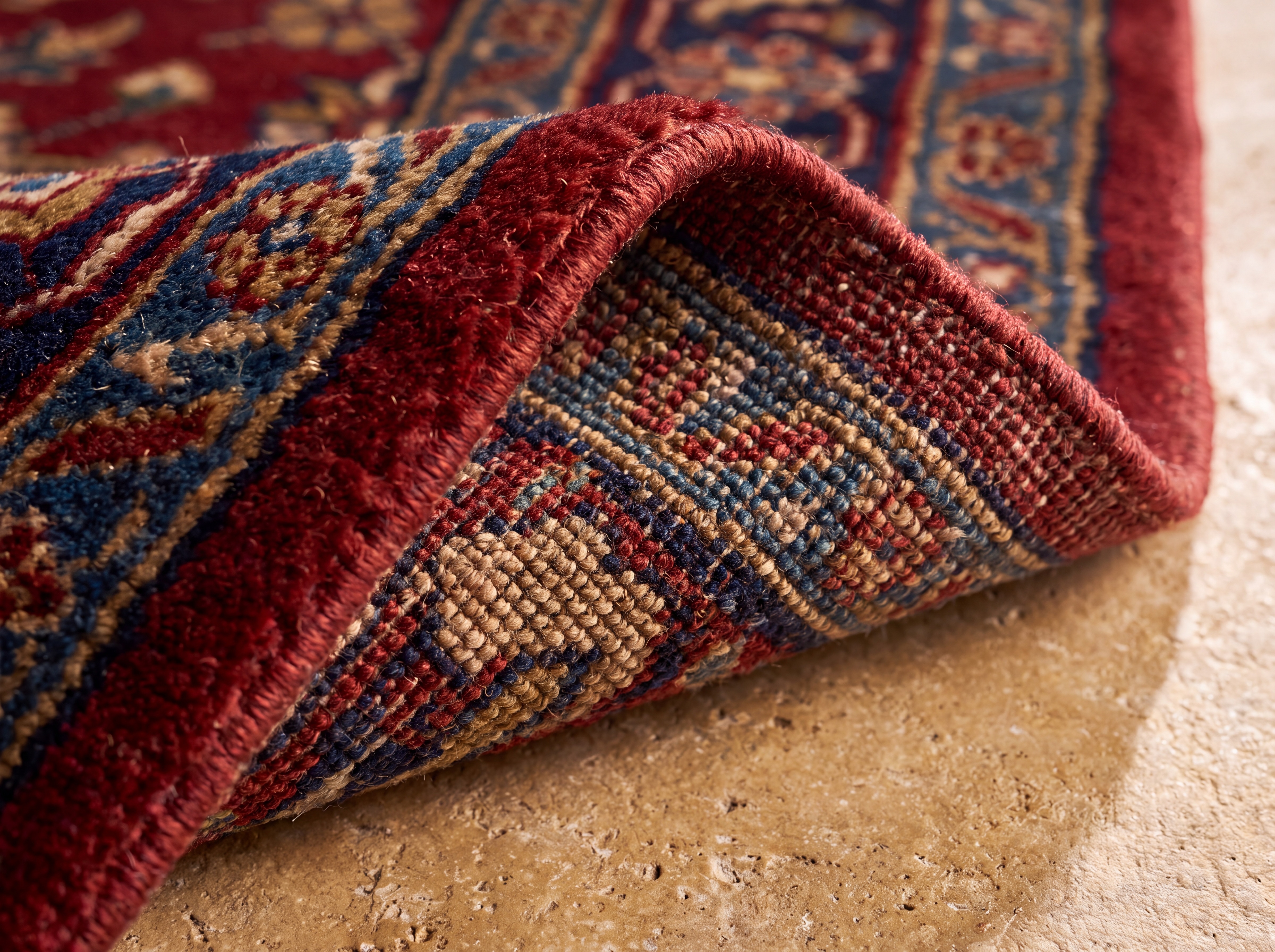 Persian rug folded to reveal identical pattern clarity on the front pile and reverse knot back