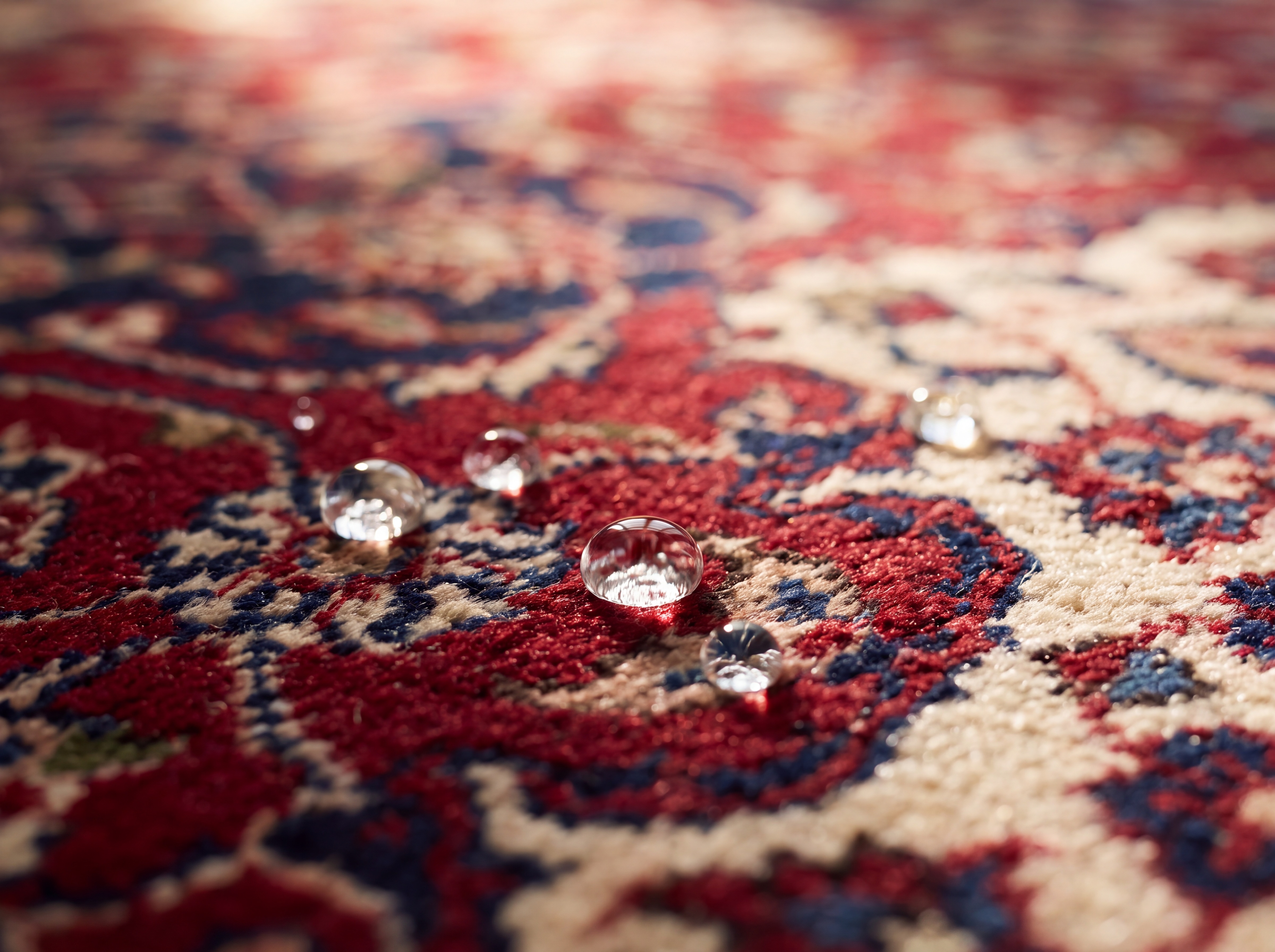 Water droplet beading on natural lanolin-rich Persian wool pile