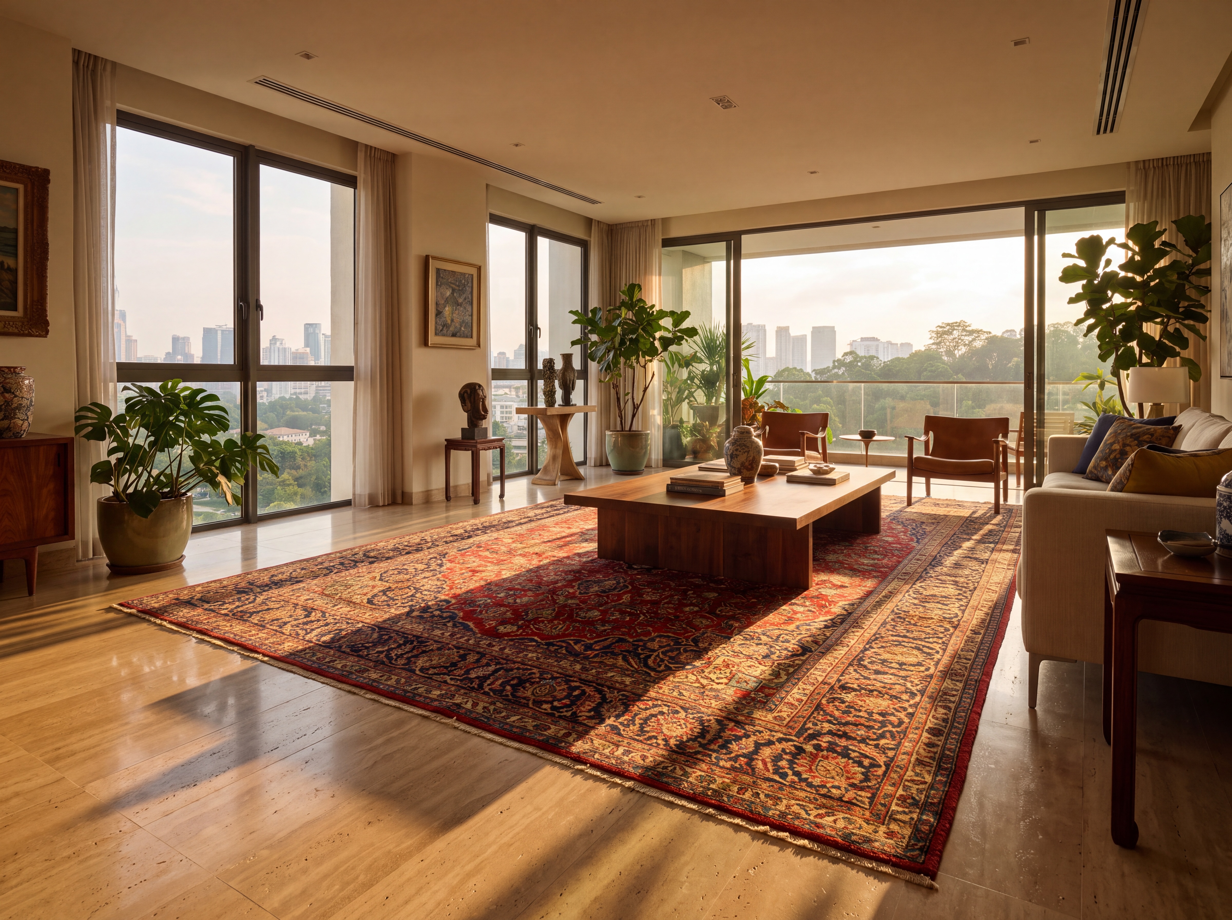 Silk highlights catching warm sunlight on a hand-knotted Persian rug