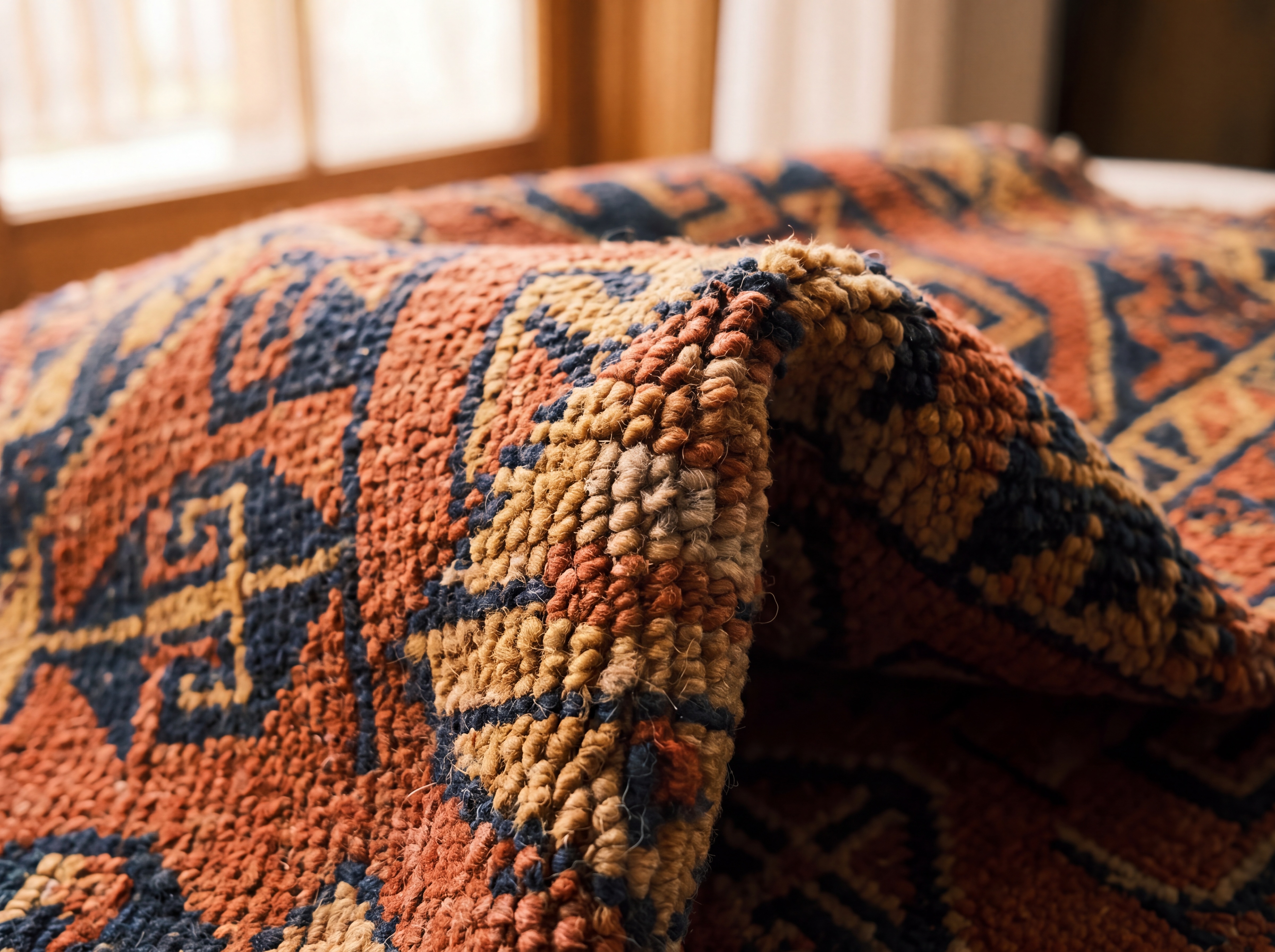 Hand-knotted tribal rug corner showing braided kilim selvedge and dense wool pile