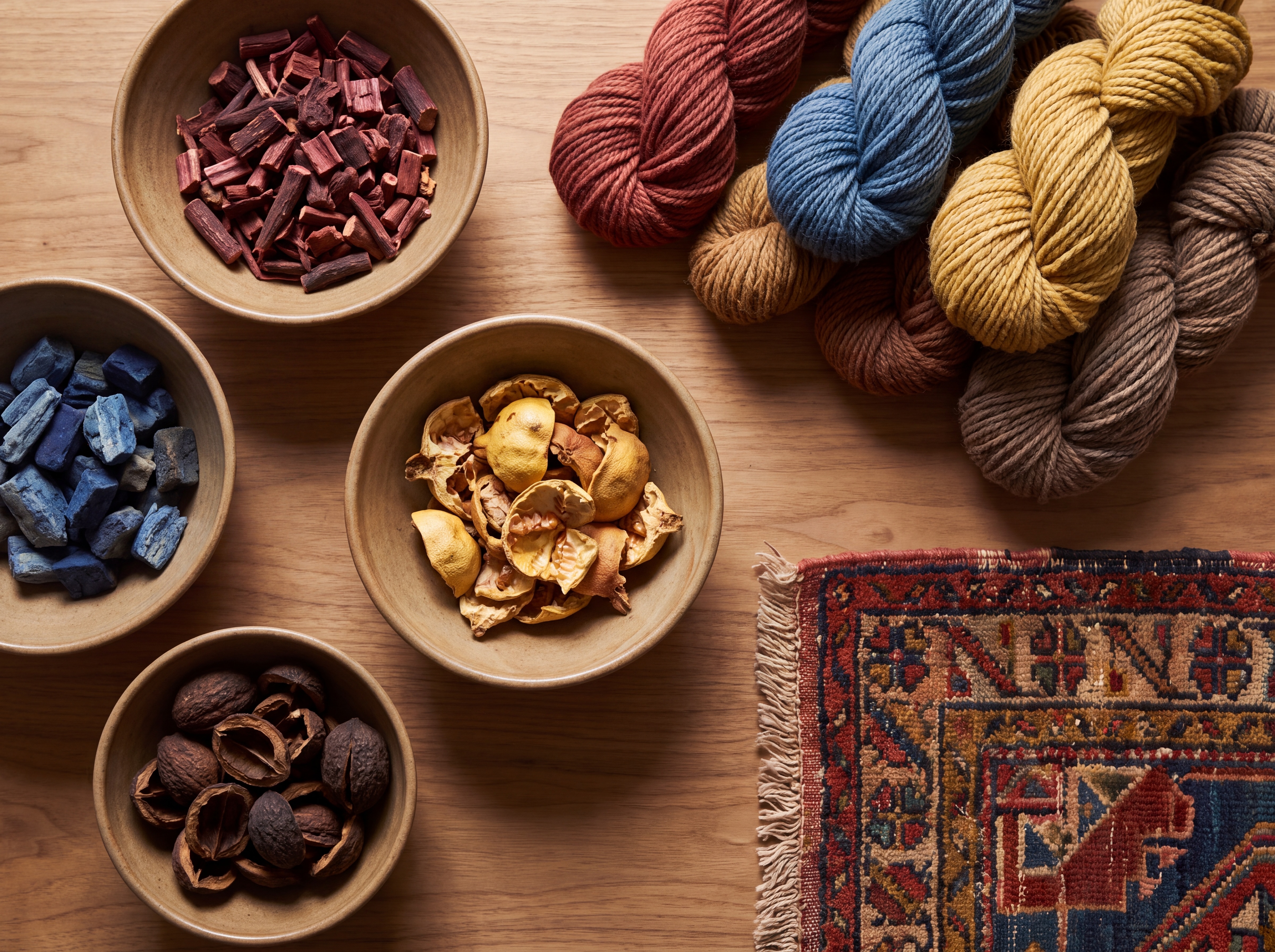 Natural vegetable dye skeins of madder red, indigo, and saffron over a tribal rug