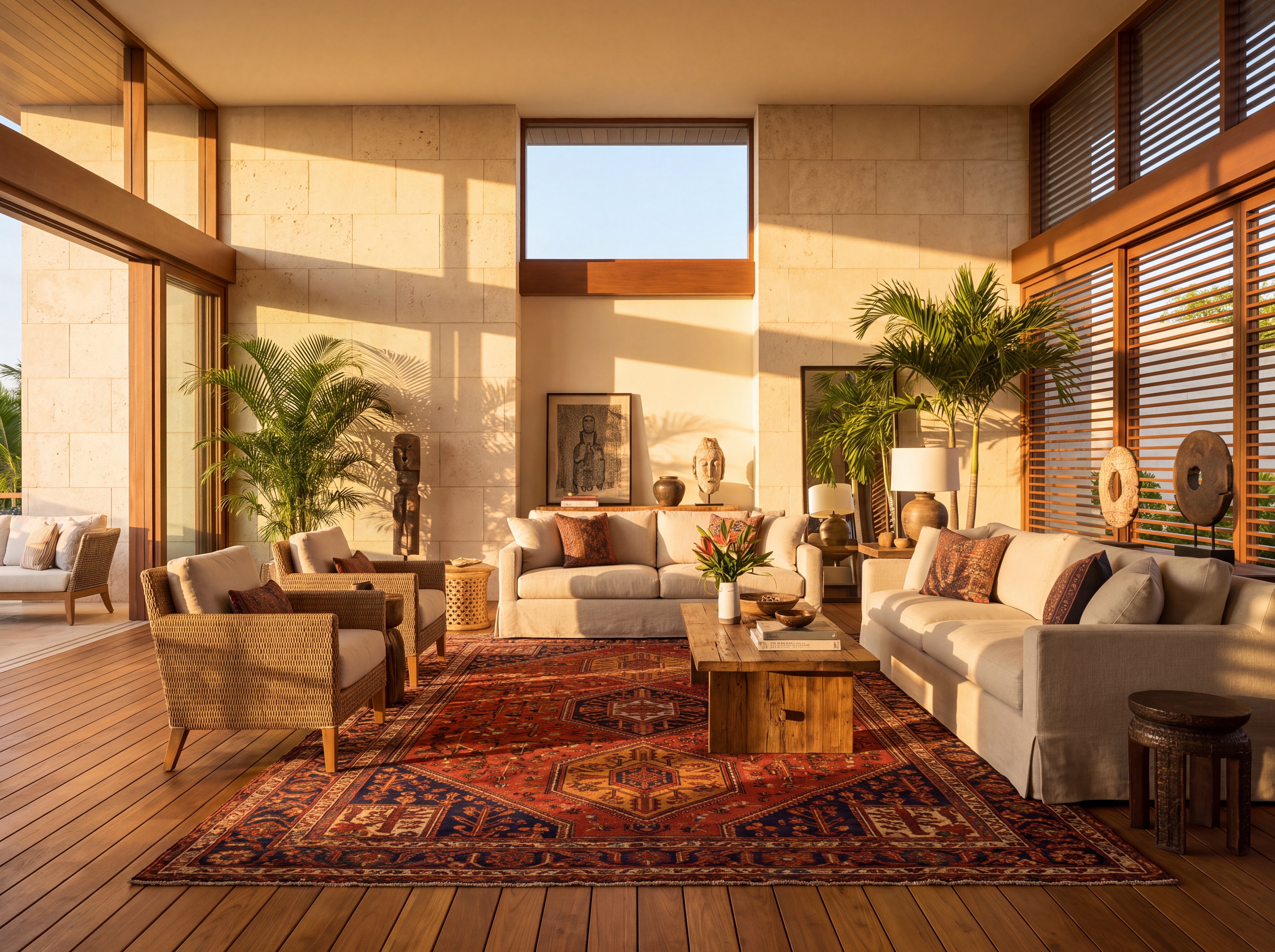 Tribal hand-knotted rug anchoring a warm architectural study